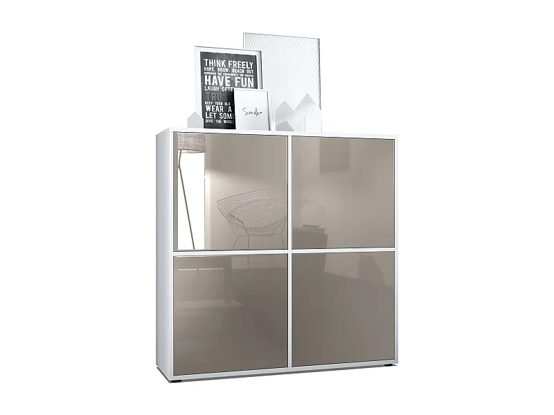 Highboard Cuba V2 Placard 104 x 105,5 x 35,5 cm Buffet à 8 compartiments, caisson en blanc mat / façades en Gris sable laqué haute brillance