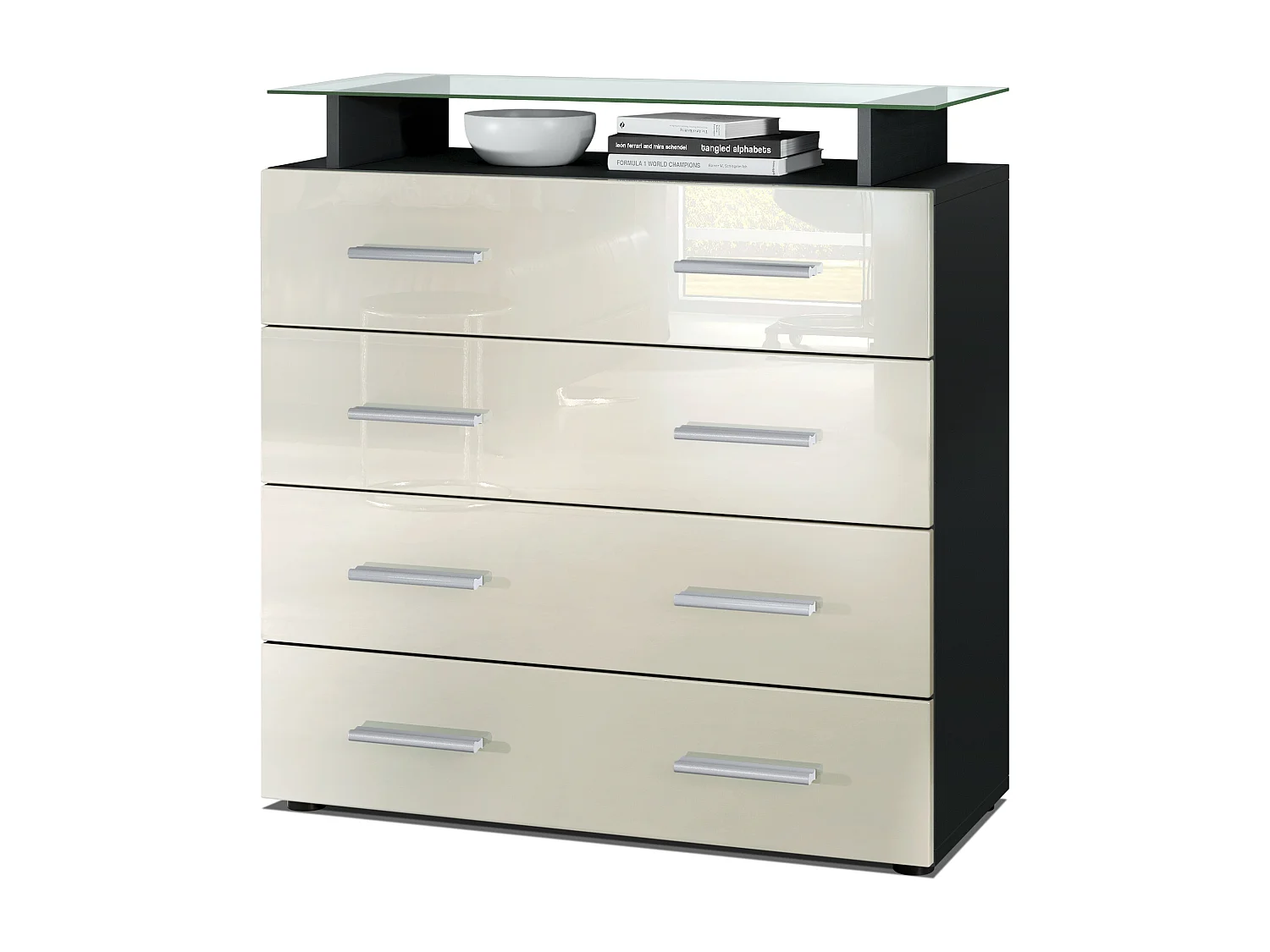 Buffet Pavos V2, Commode avec 4 tiroirs et mini-étagère en verre, noir mat/crème haute brillance (76 x 81 x 35 cm)