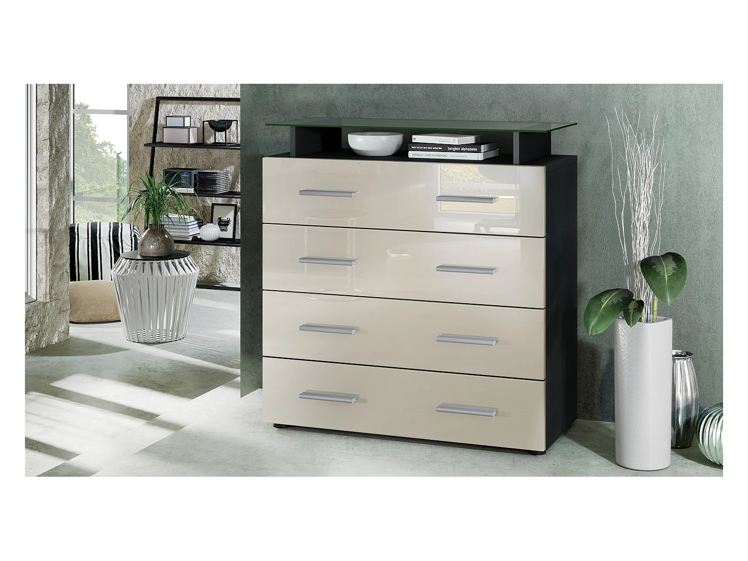 Buffet Pavos V2, Commode avec 4 tiroirs et mini-étagère en verre, noir mat/crème haute brillance (76 x 81 x 35 cm)