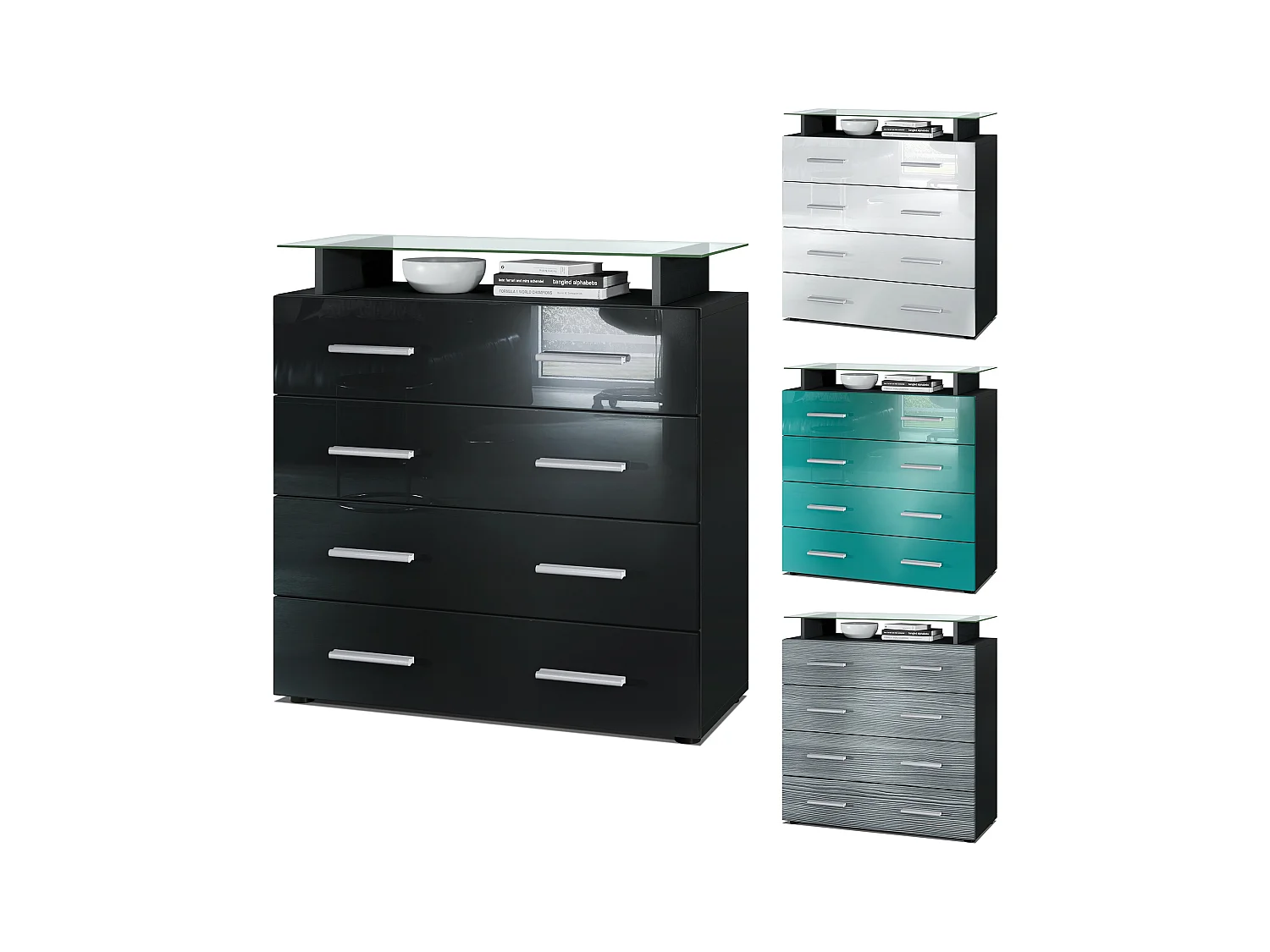 Buffet Pavos V2, Commode avec 4 tiroirs et mini-étagère en verre, noir mat/crème haute brillance (76 x 81 x 35 cm)