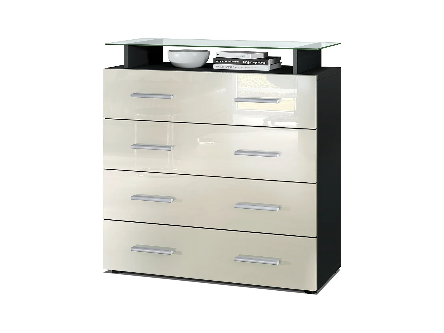 Buffet Pavos V2, Commode avec 4 tiroirs et mini-étagère en verre, noir mat/crème haute brillance (76 x 81 x 35 cm)