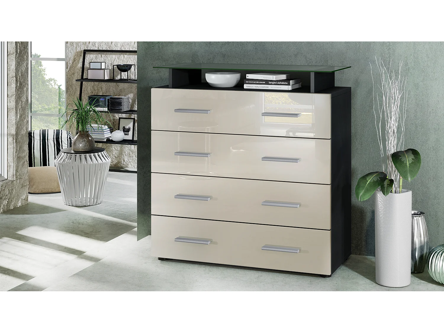 Vladon Madia Pavos V2, Mobile con 4 cassetti e ripiano in vetro, nero opaco/beige lucido (76 x 81 x 35 cm)