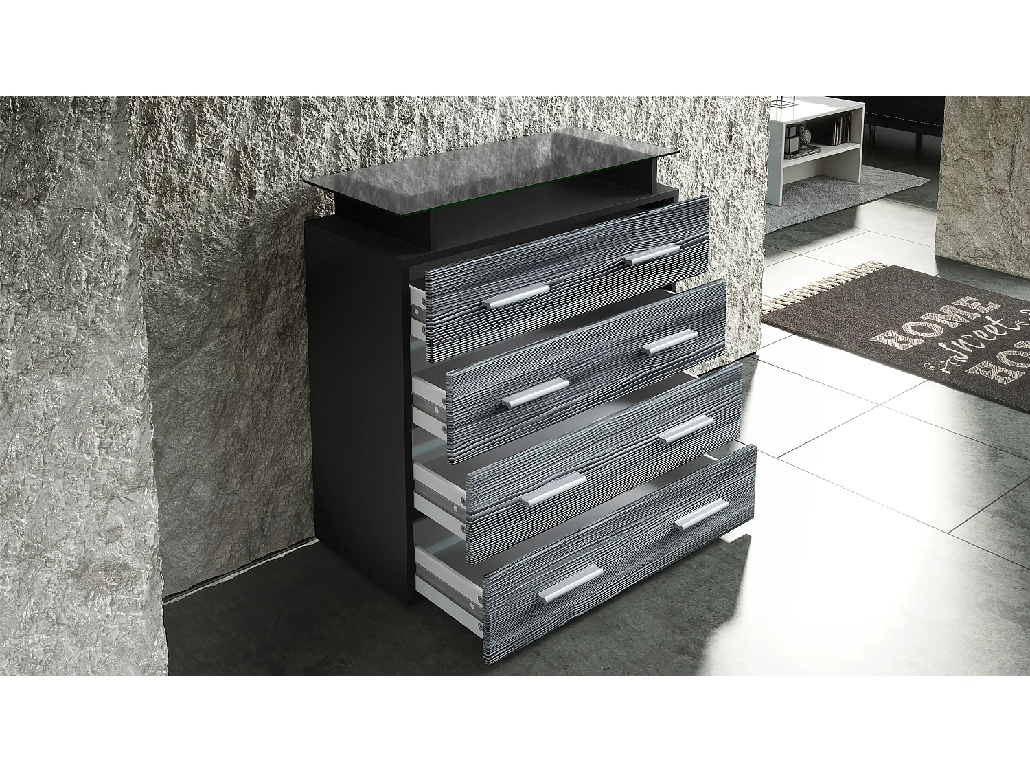 Vladon Madia Pavos V2, Mobile con 4 cassetti e ripiano in vetro, nero opaco/beige lucido (76 x 81 x 35 cm)