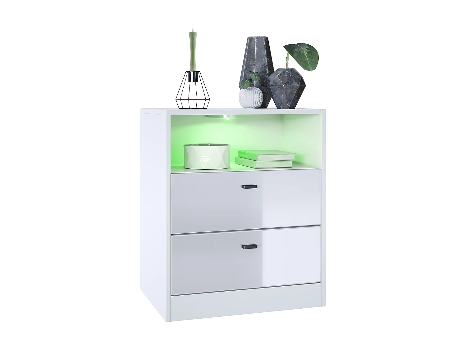 Buffet Pino V1, table de chevet avec 2 tiroirs & 1 compartiment ouvert,blanche mat/Blanc haute brillance avec éclairage LED RVB (56 x 67,5 x 36 cm)