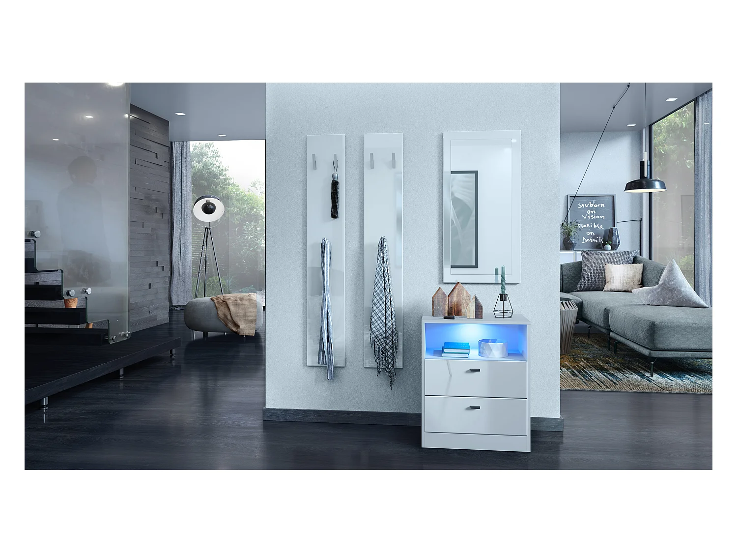 Buffet Pino V1, table de chevet avec 2 tiroirs & 1 compartiment ouvert,blanche mat/Blanc haute brillance avec éclairage LED RVB (56 x 67,5 x 36 cm)