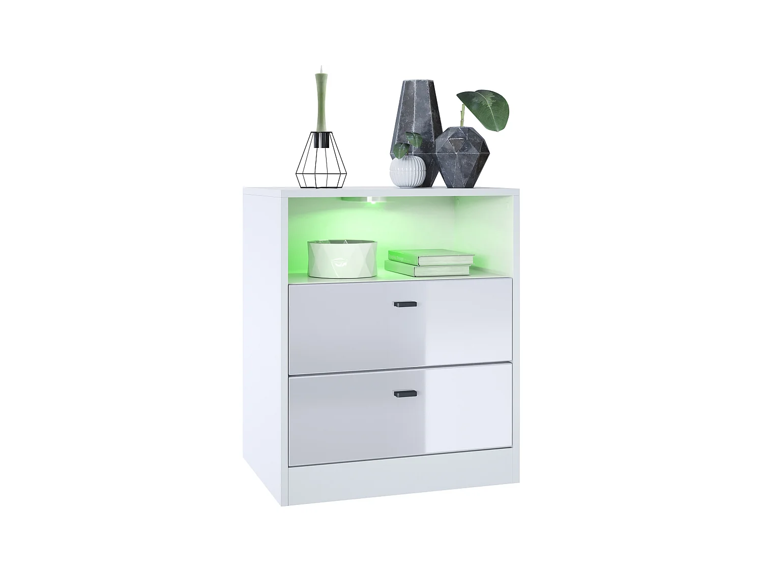Buffet Pino V1, table de chevet avec 2 tiroirs & 1 compartiment ouvert,blanche mat/Blanc haute brillance avec éclairage LED RVB (56 x 67,5 x 36 cm)