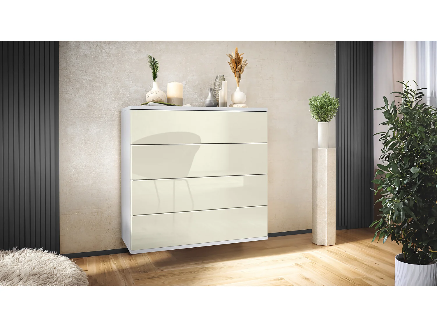 Cassettiera sospesa Pavos V3, Credenza con 4 cassetti bianco opaco/beige lucido (76 x 76 x 35 cm)