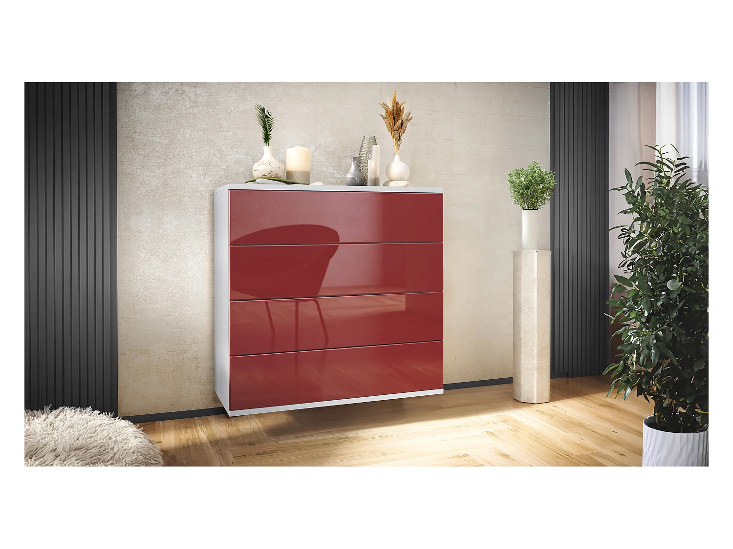 Commode suspendue Pavos V3, Buffet avec 4 tiroirs blanc mat/bordeaux haute brillance (76 x 76 x 35 cm)