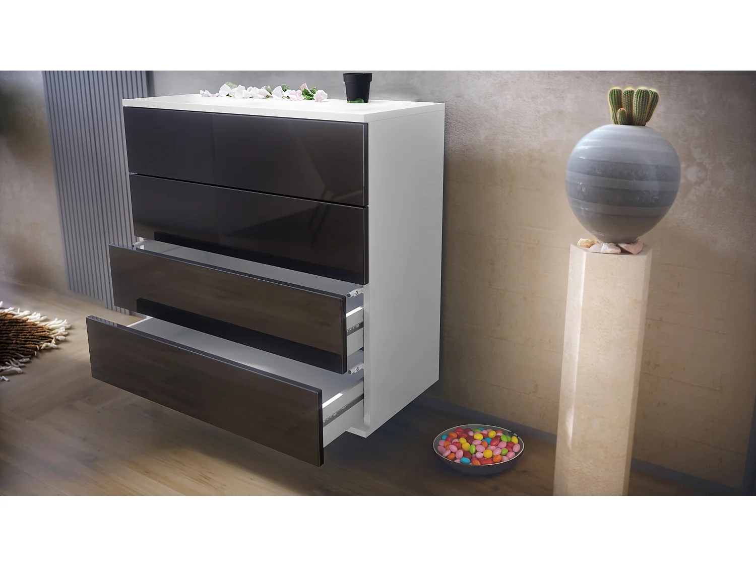 Cassettiera sospesa Pavos V3, Credenza con 4 cassetti bianco opaco/bordeaux lucido (76 x 76 x 35 cm)