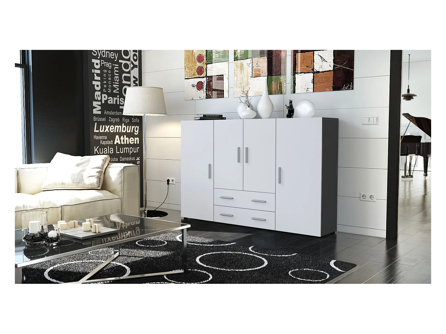 Le Buffet Haut Nora bahut avec 2 tiroirs et 4 portes avec un total de 8 compartiments derrière, anthracite mat/blanc mat (166,5 x 106,5 x 35 cm)