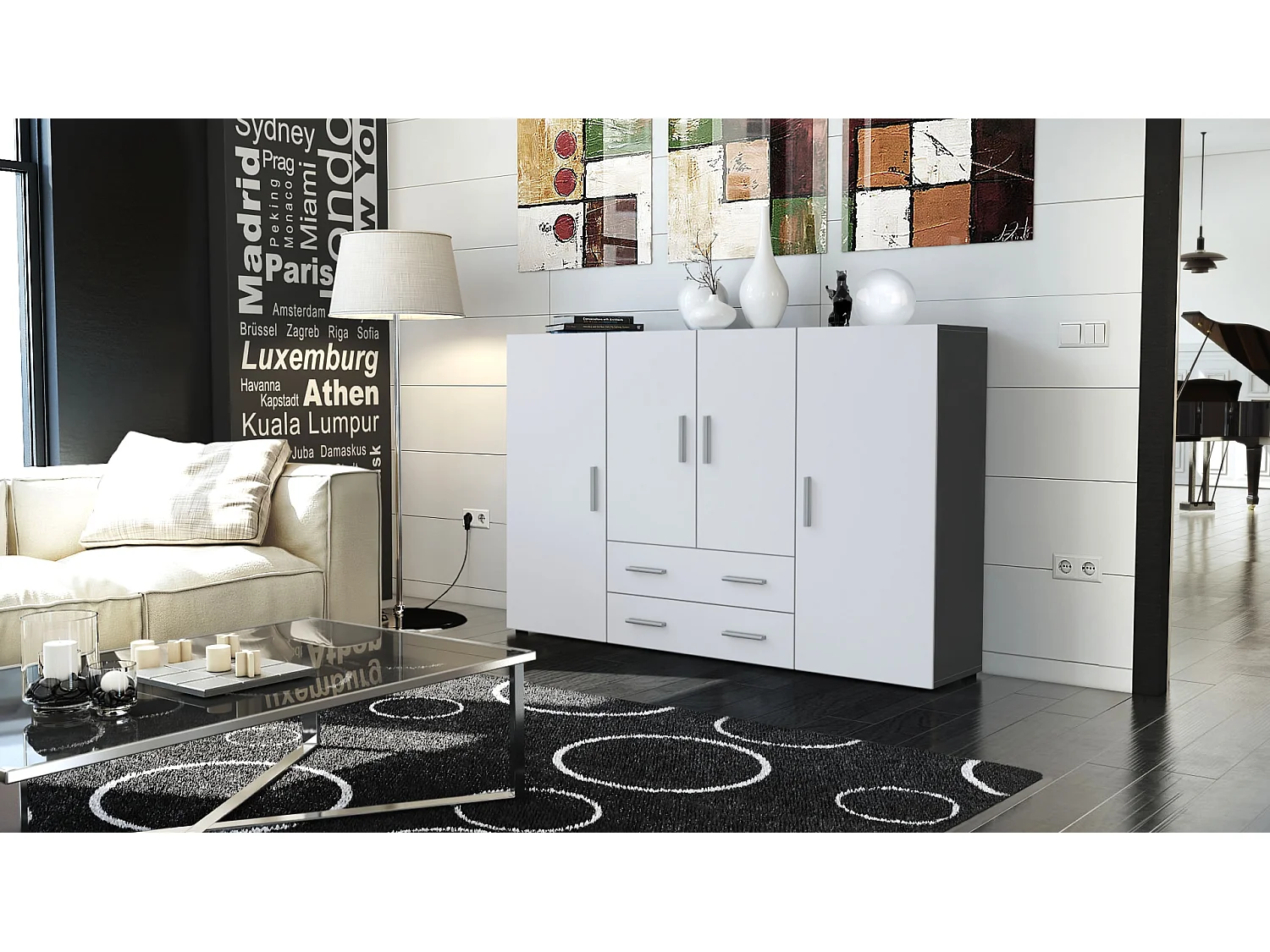 Highboard Nora Sideboard with 2 drawers and 4 doors with a total of 8 compartments behind, antracite opaco /bianco opaco (166.5 x 106.5 x 35 cm)