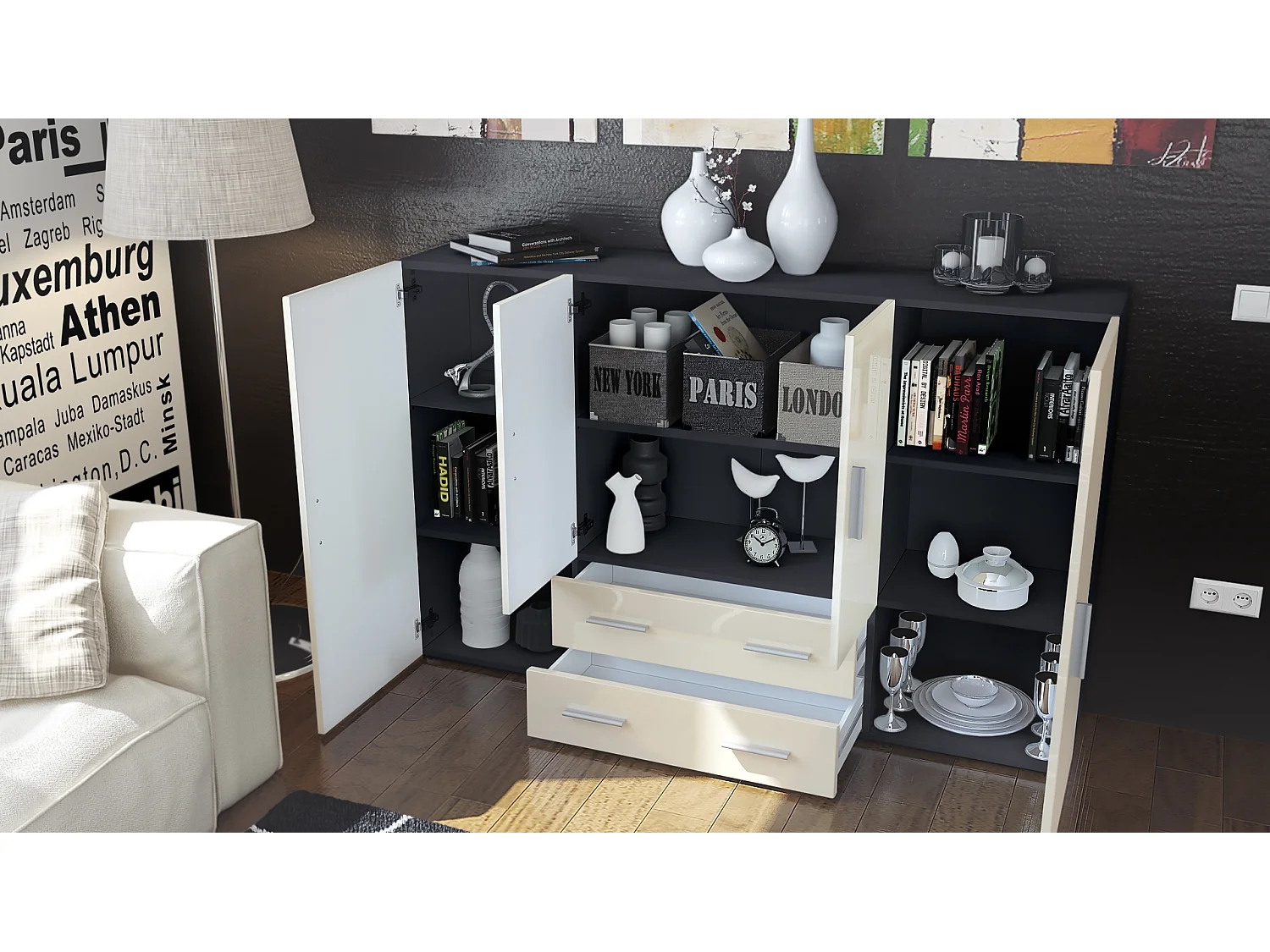 Highboard Nora Sideboard with 2 drawers and 4 doors with a total of 8 compartments behind, antracite opaco /bianco opaco (166.5 x 106.5 x 35 cm)