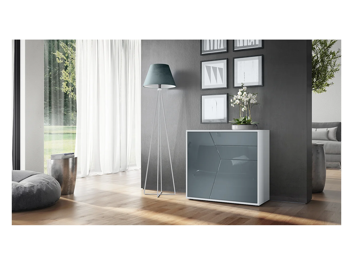 Buffet Benny, Commode avec 2 portes et 2 tiroirs, Blanc mat/Gris haute brillance (79 x 74 x 36 cm)