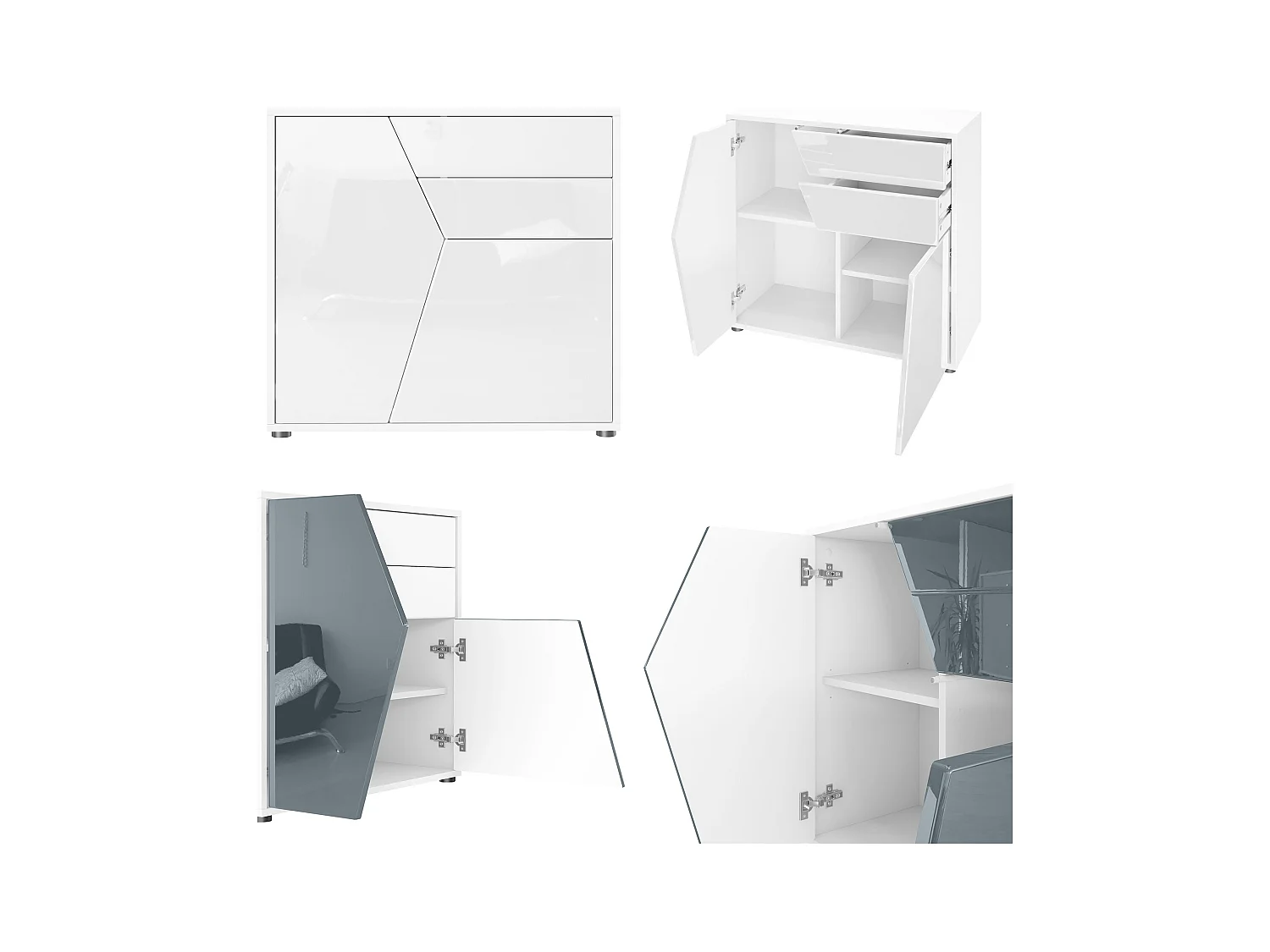 Buffet Benny, Commode avec 2 portes et 2 tiroirs, Blanc mat/Gris haute brillance (79 x 74 x 36 cm)