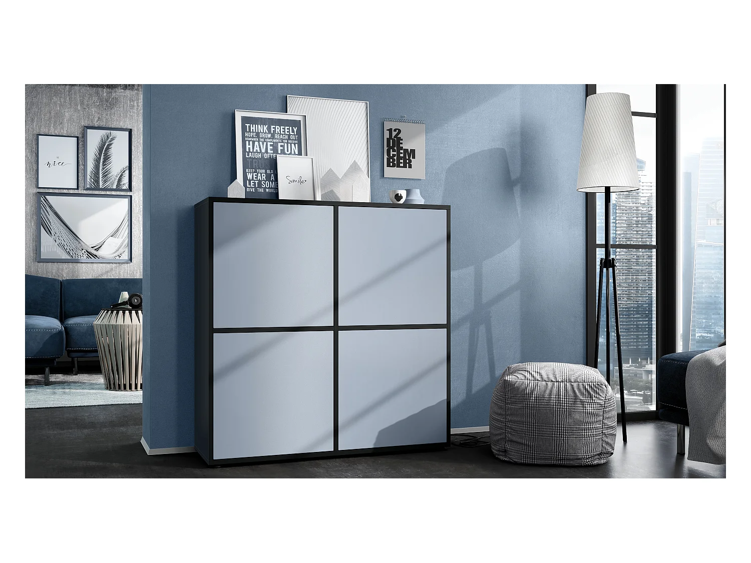 Highboard Cuba V2 Placard 104 x 105,5 x 35,5 cm Buffet à 8 compartiments, caisson en noir mat / façades en Denim mat