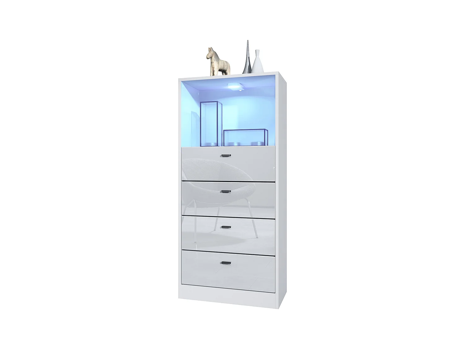 Commode Buffet Pino V3, avec 4 tiroirs & 1 compartiment ouvert, Anthracite mat/Blanc haute brillance avec éclairage LED RVB (56 x 125 x 36 cm)