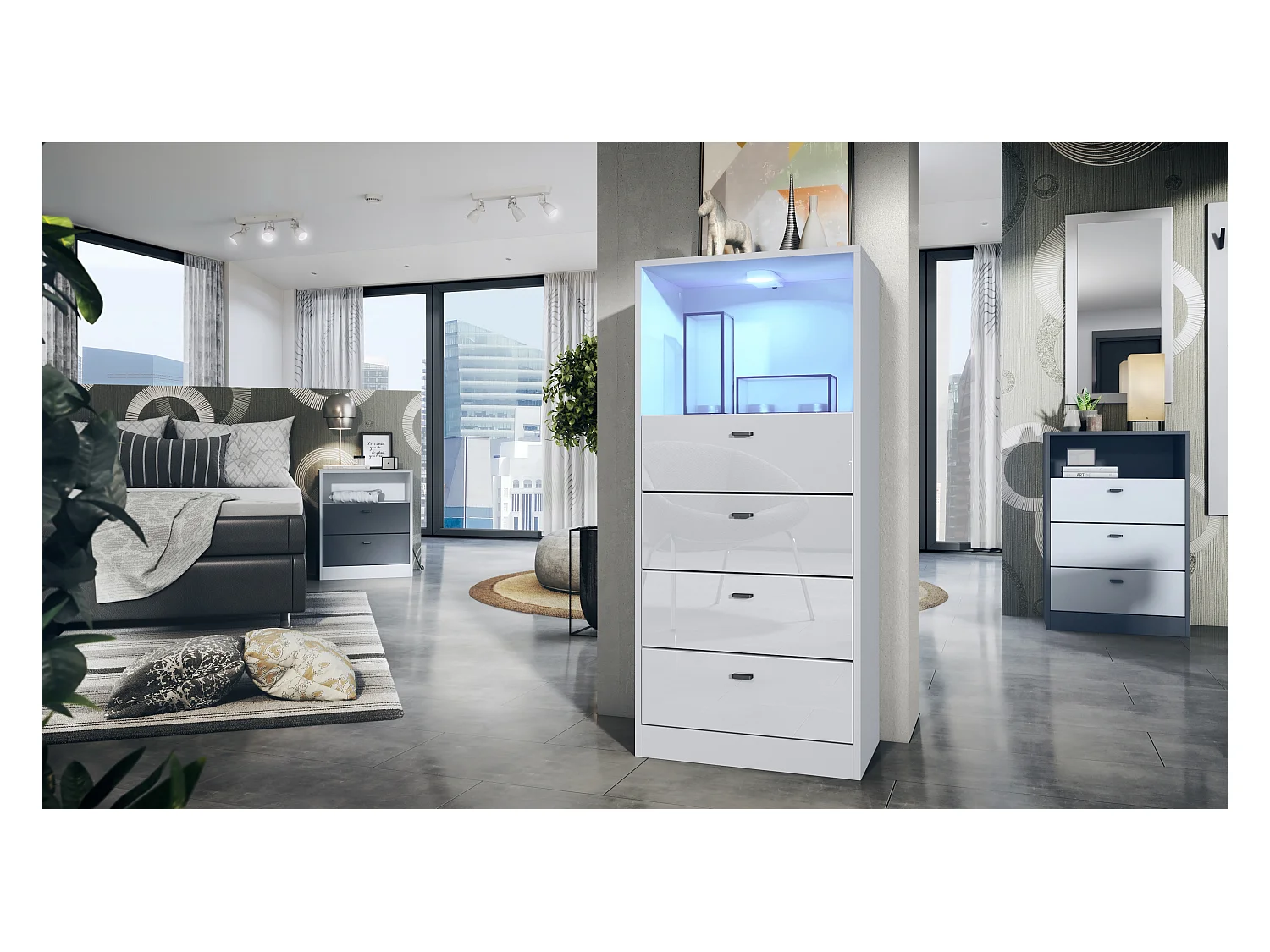 Commode Buffet Pino V3, avec 4 tiroirs & 1 compartiment ouvert, Anthracite mat/Blanc haute brillance avec éclairage LED RVB (56 x 125 x 36 cm)