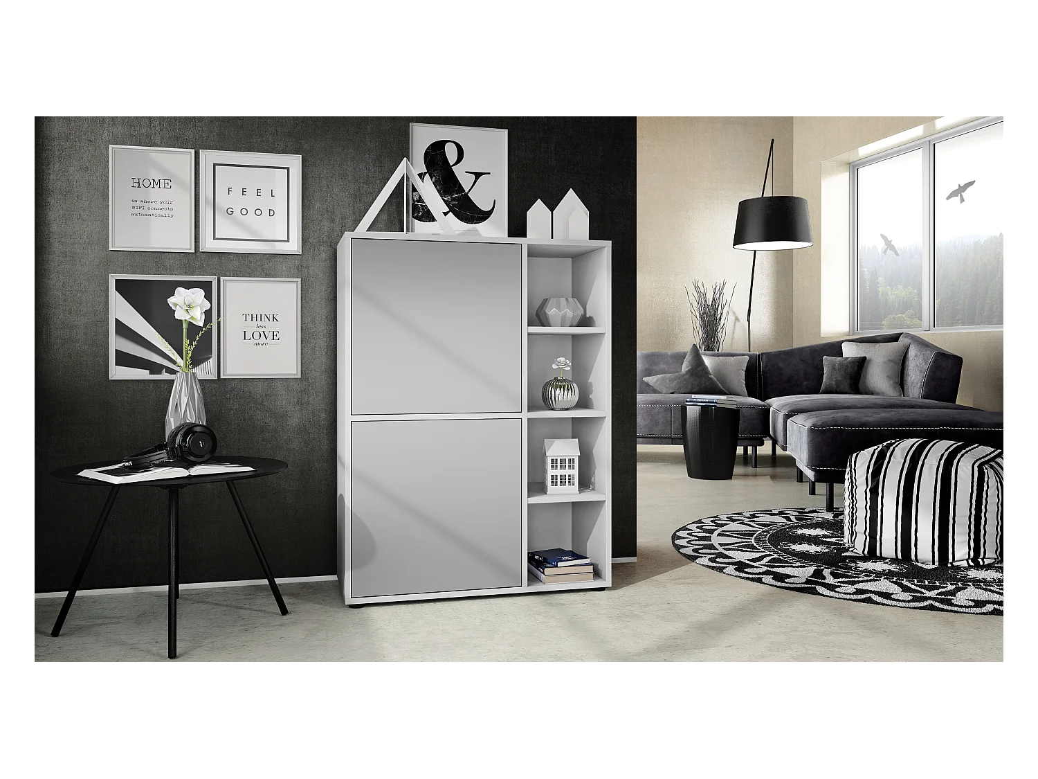 Buffet haut Cuba avec 8 compartiments, caisson en blanc mat / Façades en Gris clair satiné mat