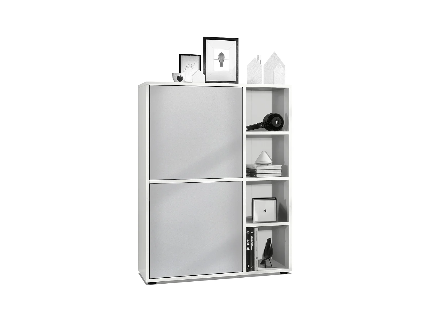 Buffet haut Cuba avec 8 compartiments, caisson en blanc mat / Façades en Gris clair satiné mat