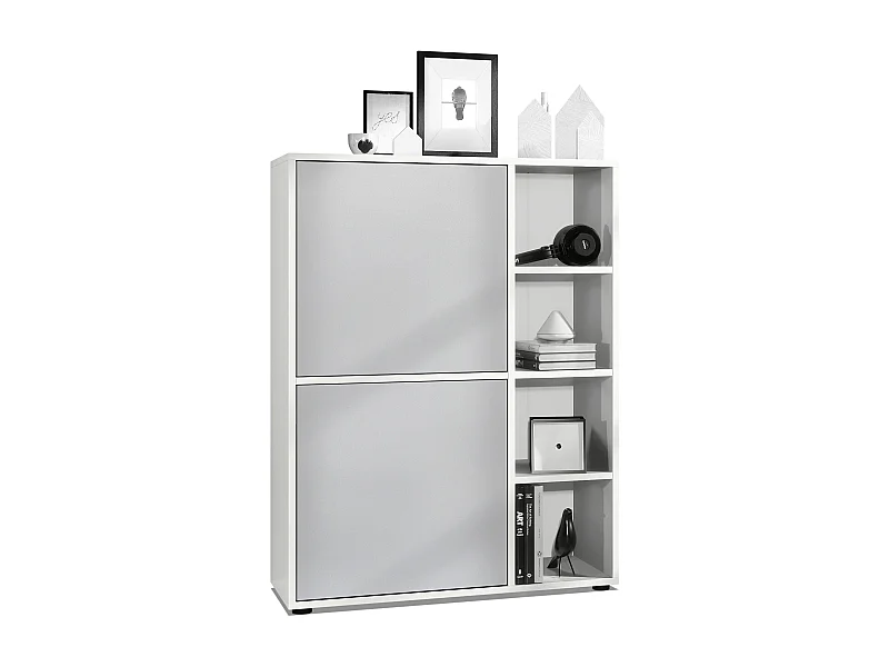 Buffet haut Cuba avec 8 compartiments, caisson en blanc mat / Façades en Gris clair satiné mat