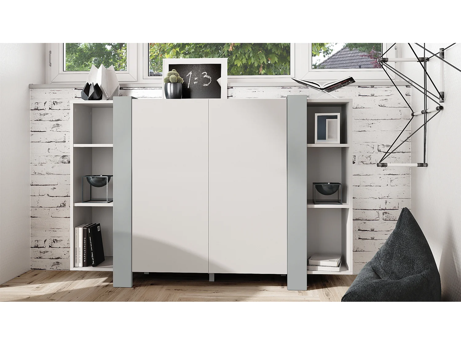 Vladon Aparador Ida V2, aparador con 12 compartimentos, carcasa en blanco mate, frentes en gris claro satinado, (149 x 101 x 34 cm) | Gran selección de colores