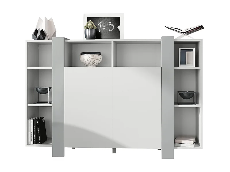 Highboard Ida V2, Buffet con 12 scomparti, Struttura in bianco opaco, Pannelli in grigio chiaro semilucido, (149 x 101 x 34 cm) | Ampia scelta di colori