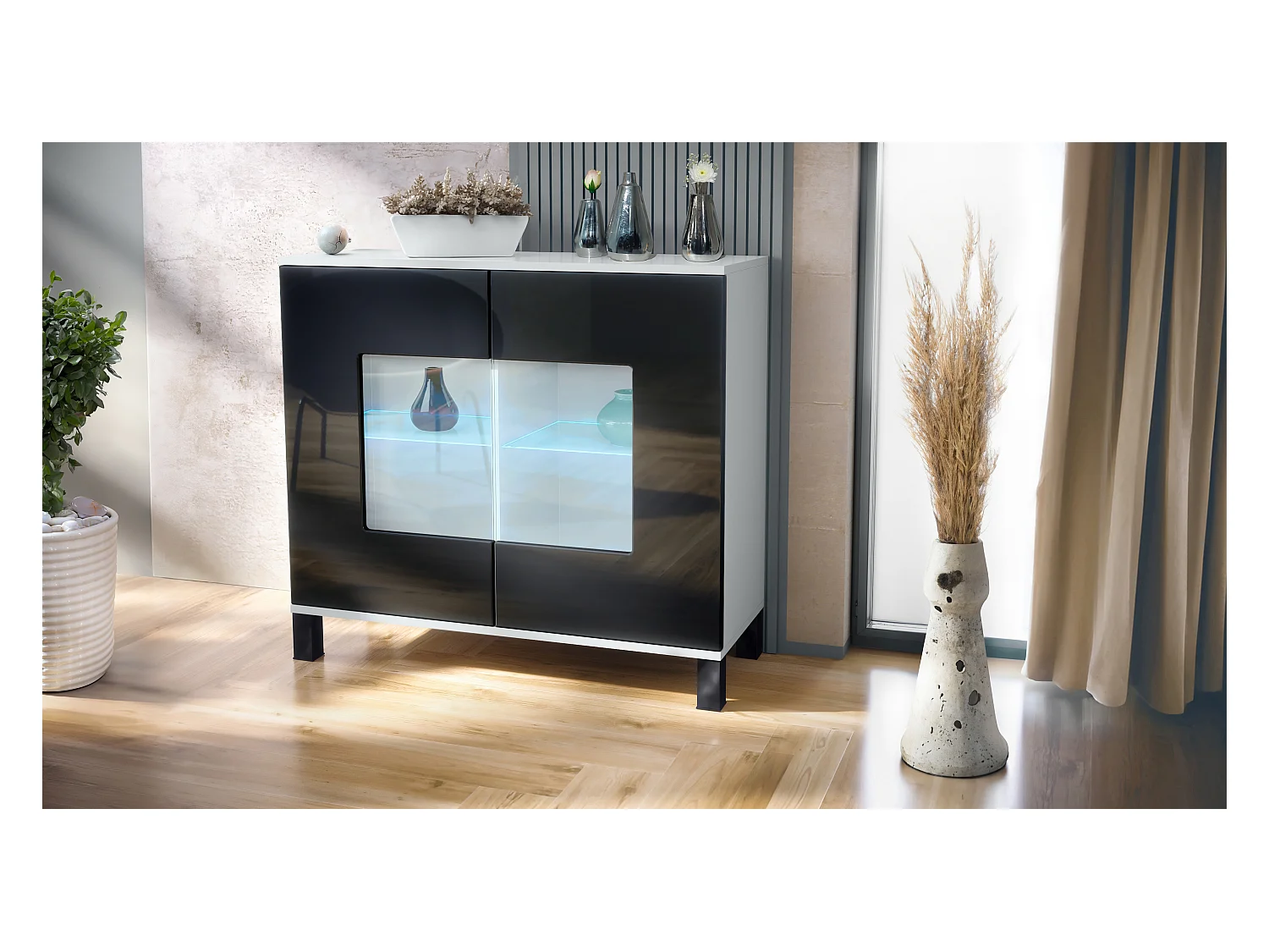 Commode Grömitz V3, Armoire de cuisine moderne avec 2 grandes portes vitrées incl. éclairage RGB blanc mat / noir haute brillance (92,5 x 84.5 x 35)