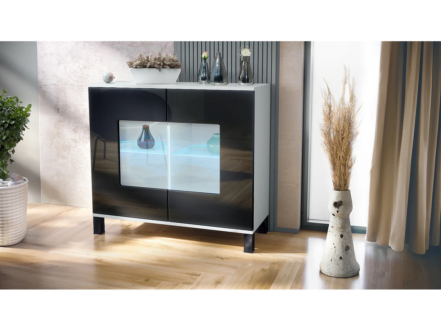 Commode Grömitz V3, Armoire de cuisine moderne avec 2 grandes portes vitrées incl. éclairage RGB blanc mat / noir haute brillance (92,5 x 84.5 x 35)