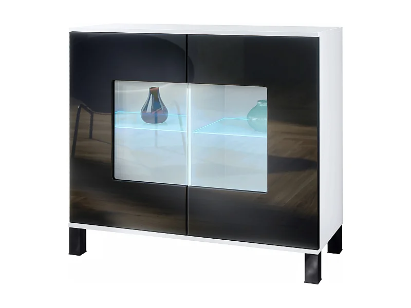 Commode Grömitz V3, Armoire de cuisine moderne avec 2 grandes portes vitrées incl. éclairage RGB blanc mat / noir haute brillance (92,5 x 84.5 x 35)