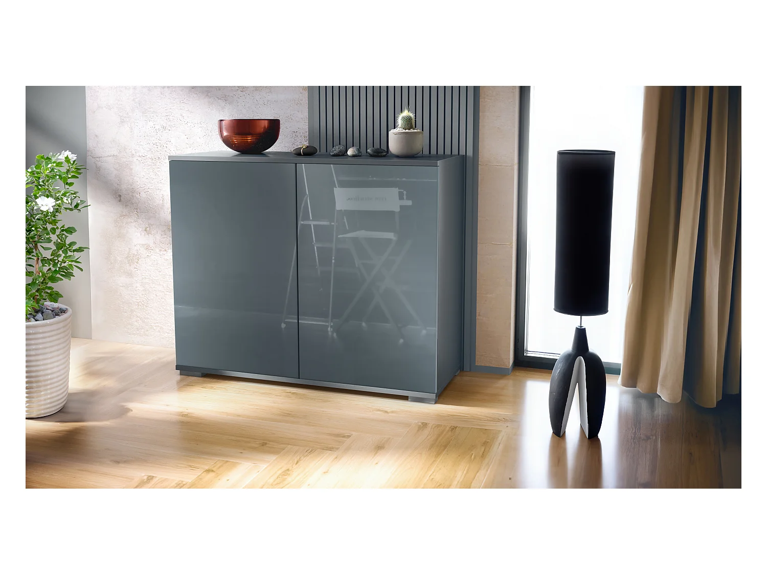 Commode Skadu V3, Buffet de Cuisine Moderne avec 2 Grandes Portes anthracite mat / gris haute brillance (92,5 x 75.5 x 35)