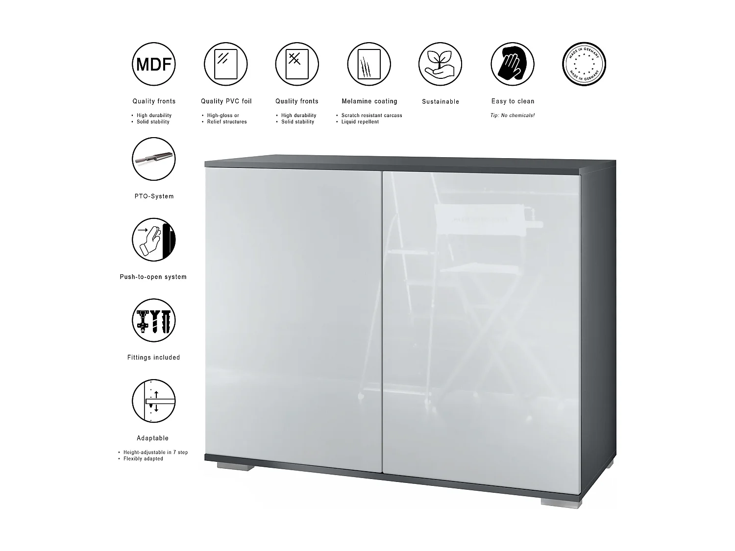 Aparador Skadu V3, Armario de Cocina Moderno con 2 Puertas Grandes antracita mate / gris de alto brillo (92,5 x 75.5 x 35)