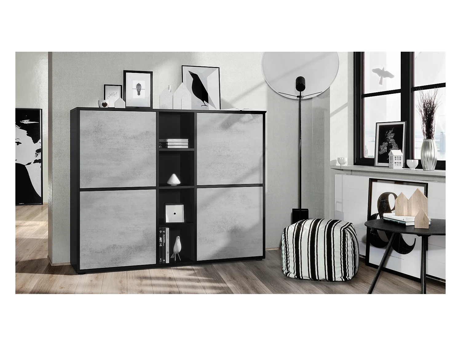 Highboard Cuba V3, noir mat/aspect béton oxyde - Buffet moderne à 12 compartiments (130,5 x 105,5 x 35,5 cm)