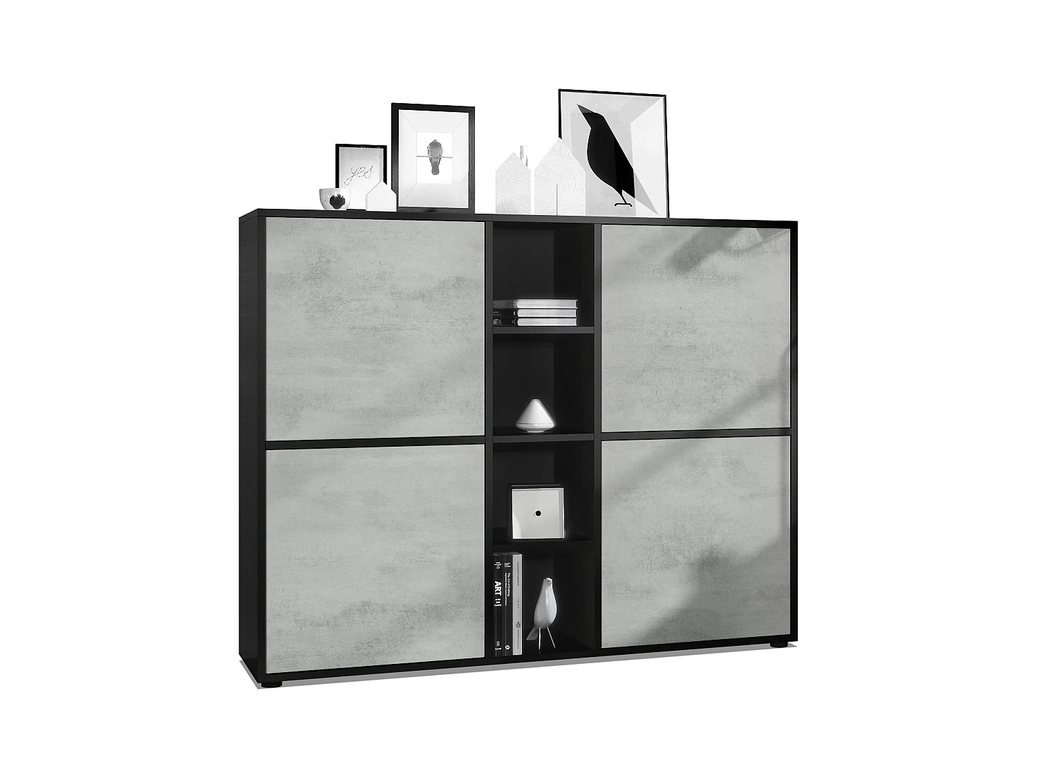 Highboard Cuba V3, noir mat/aspect béton oxyde - Buffet moderne à 12 compartiments (130,5 x 105,5 x 35,5 cm)