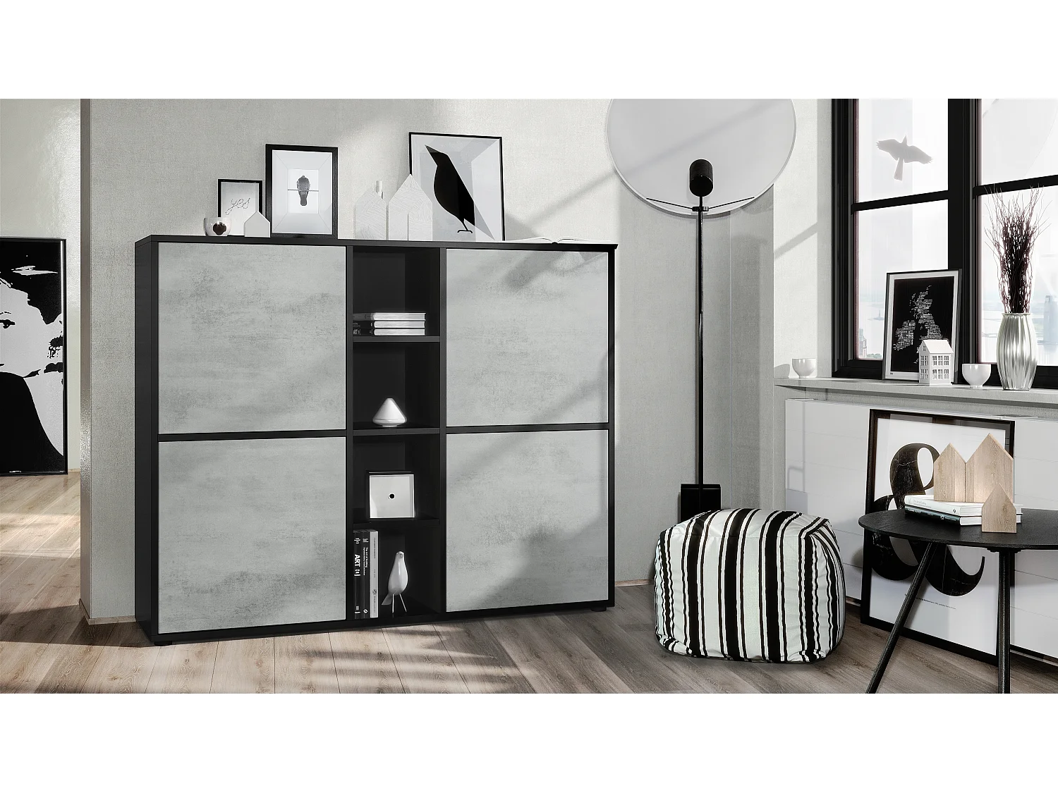Vladon Credenza Cuba V3, nero opaco/ottica cermento ossido - Credenza moderna con 12 scomparti (130,5 x 105,5 x 35,5 cm)