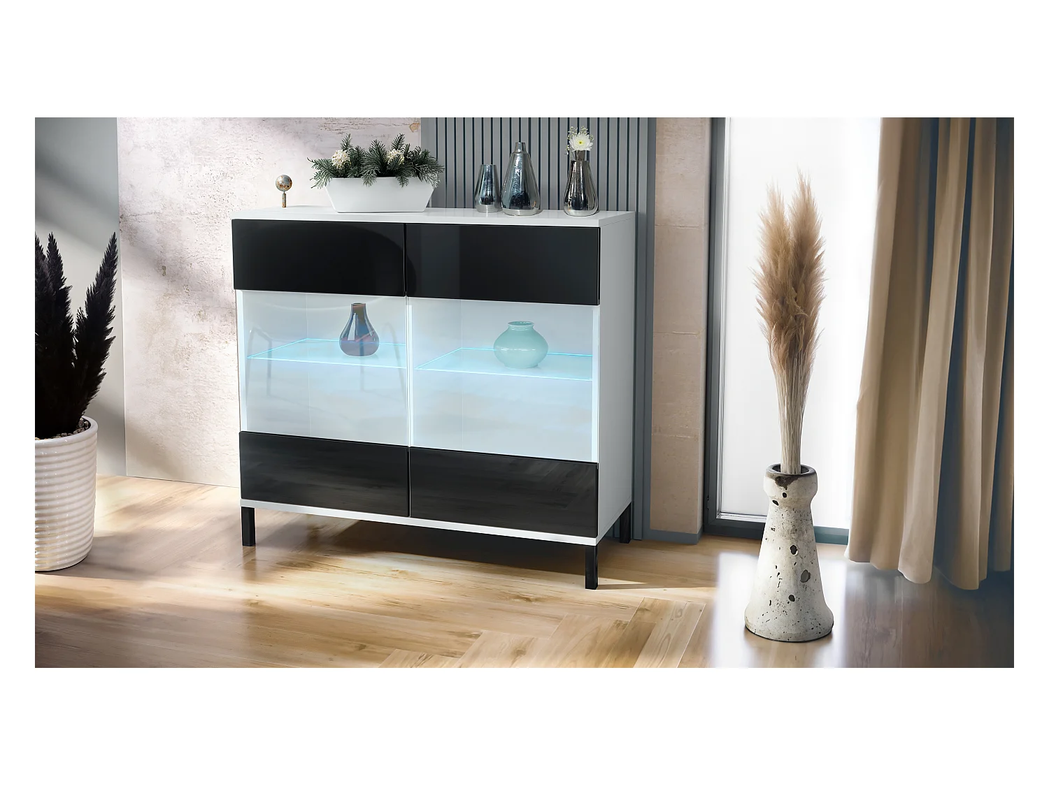 Commode Bari V3, Armoire de cuisine moderne avec 2 grandes portes vitrées incl. éclairage RGB blanc mat / noir haute brillance (92,5 x 83.5 x 35)
