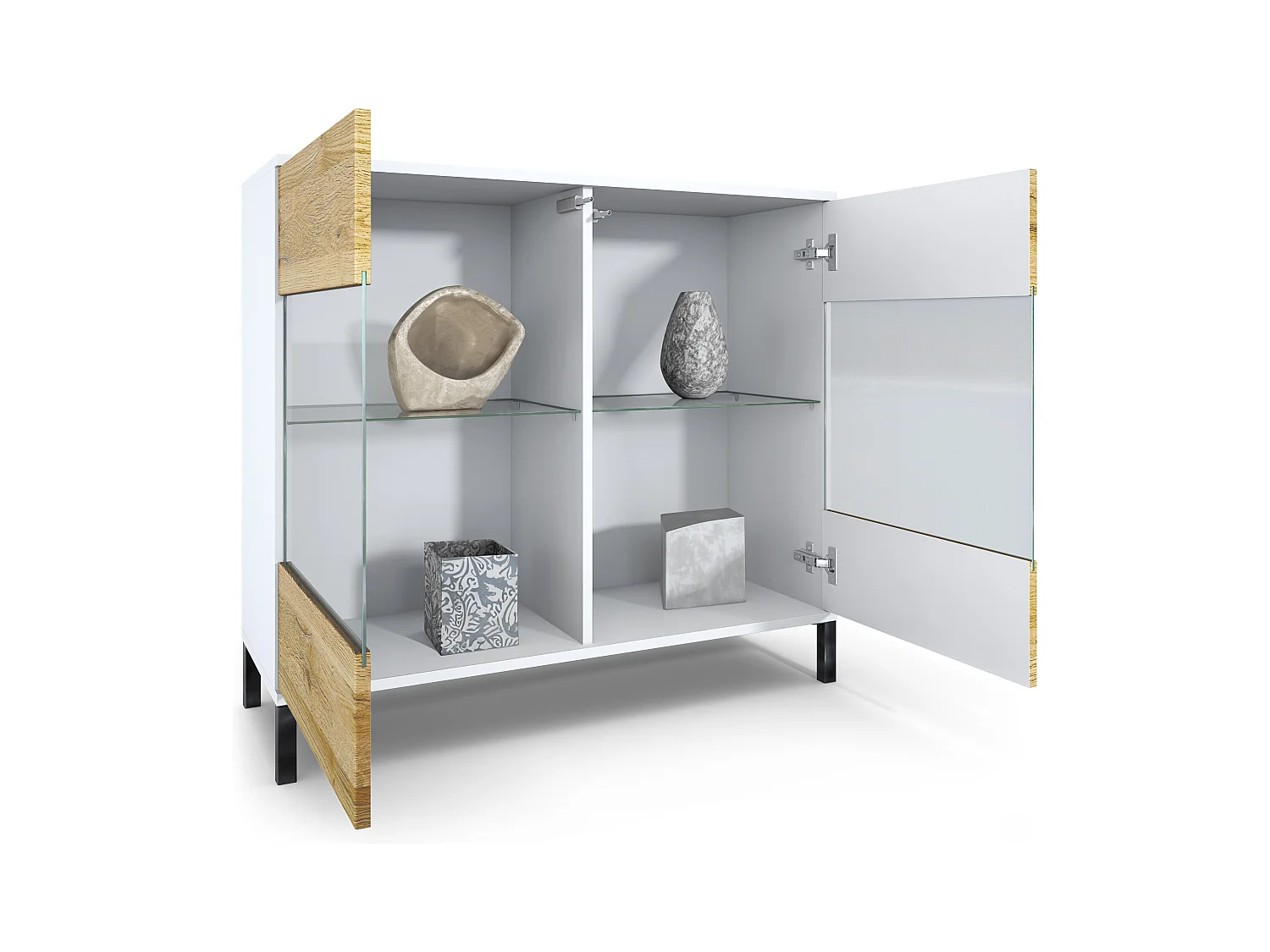 Commode Bari V3, Armoire de cuisine moderne avec 2 grandes portes vitrées incl. éclairage RGB blanc mat / noir haute brillance (92,5 x 83.5 x 35)