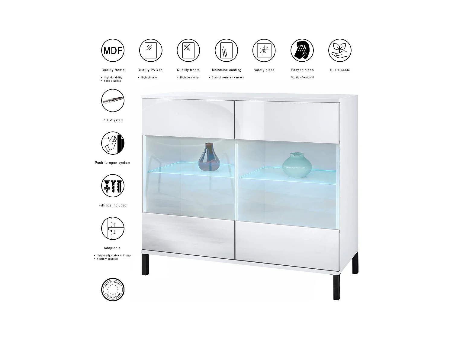 Commode Bari V3, Armoire de cuisine moderne avec 2 grandes portes vitrées incl. éclairage RGB blanc mat / noir haute brillance (92,5 x 83.5 x 35)