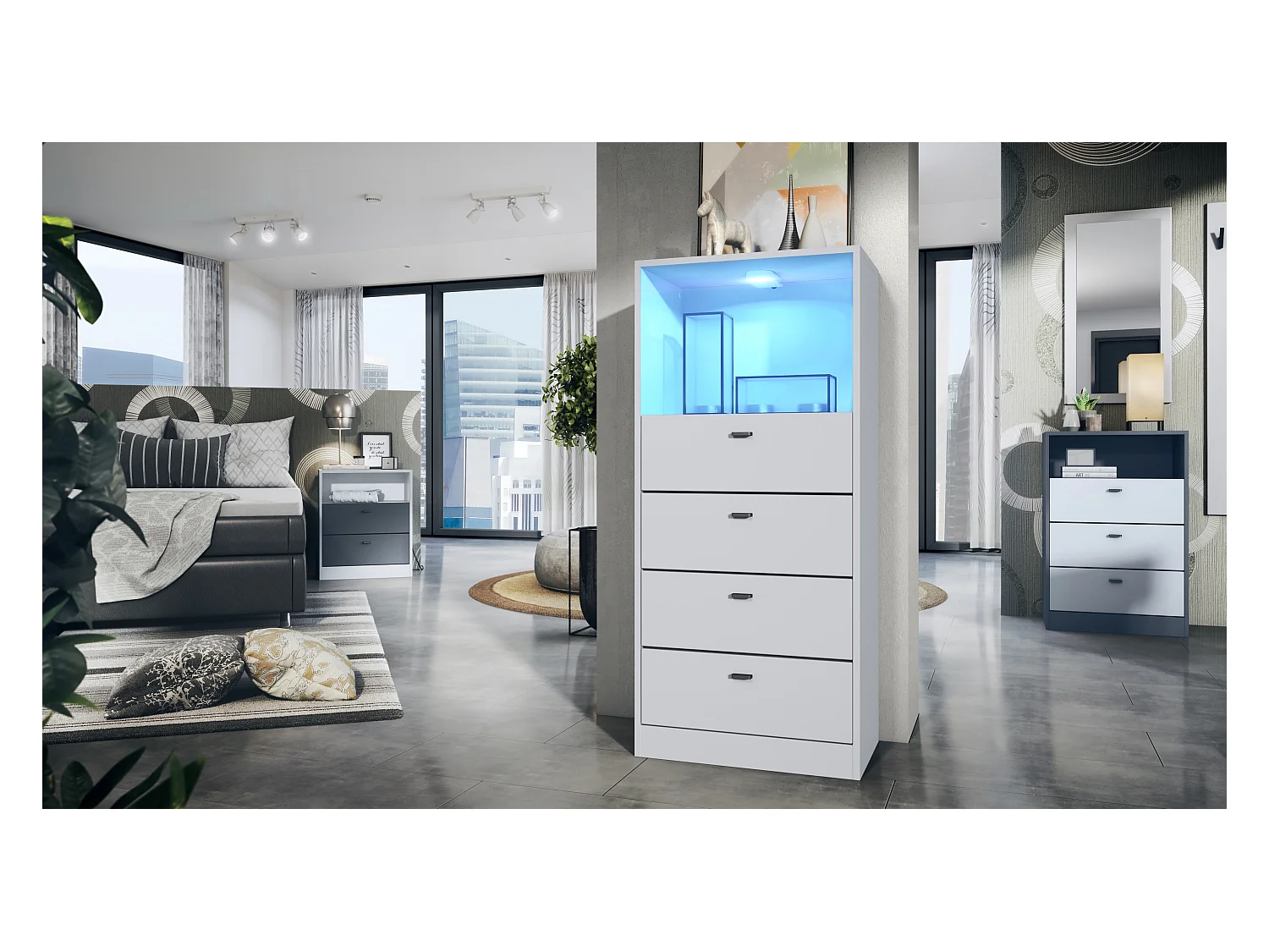 Commode Buffet Pino V3, avec 4 tiroirs & 1 compartiment ouvert, Anthracite mat/Blanc mat avec éclairage LED RVB (56 x 125 x 36 cm)