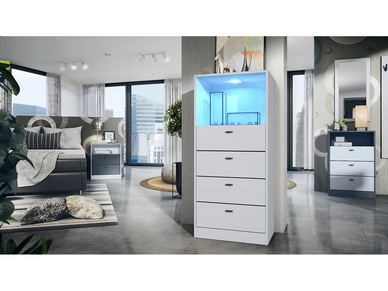 Commode Buffet Pino V3, avec 4 tiroirs & 1 compartiment ouvert, Anthracite mat/Blanc mat avec éclairage LED RVB (56 x 125 x 36 cm)