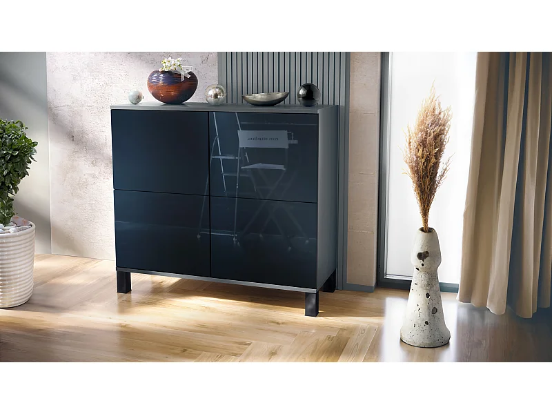 Credenza Rova V3 – Mobile da cucina moderno con 4 ante Push-to-Open antracite opaco  / nero lucido (92,5 x 84.5 x 35)