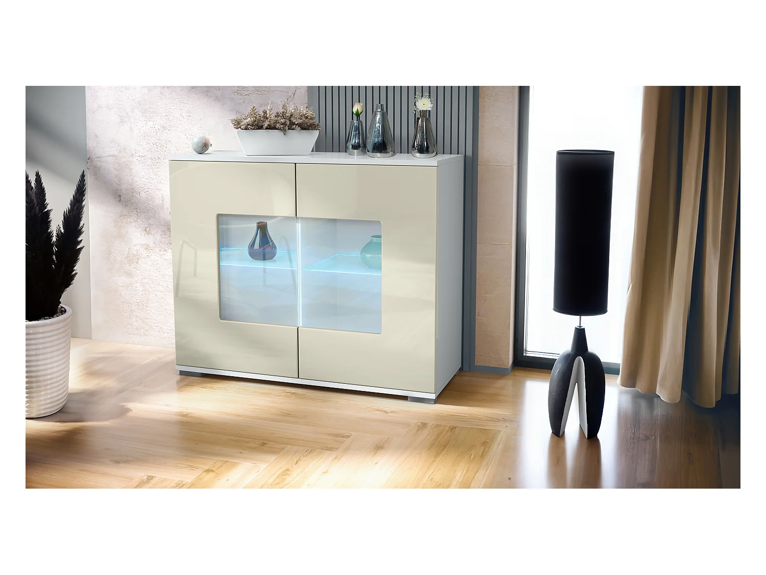 Commode Grömitz V3, Armoire de cuisine moderne avec 2 grandes portes vitrées incl. éclairage RGB blanc mat / crème haute brillance (92,5 x 75.5 x 35)