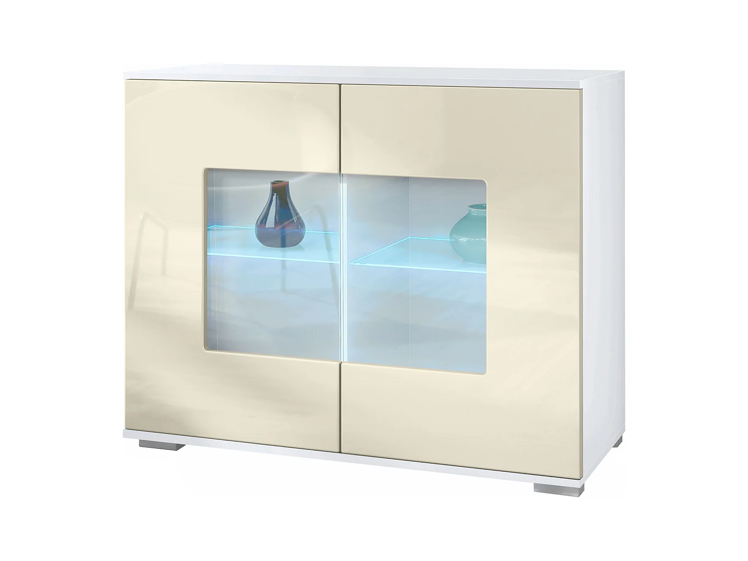 Commode Grömitz V3, Armoire de cuisine moderne avec 2 grandes portes vitrées incl. éclairage RGB blanc mat / crème haute brillance (92,5 x 75.5 x 35)