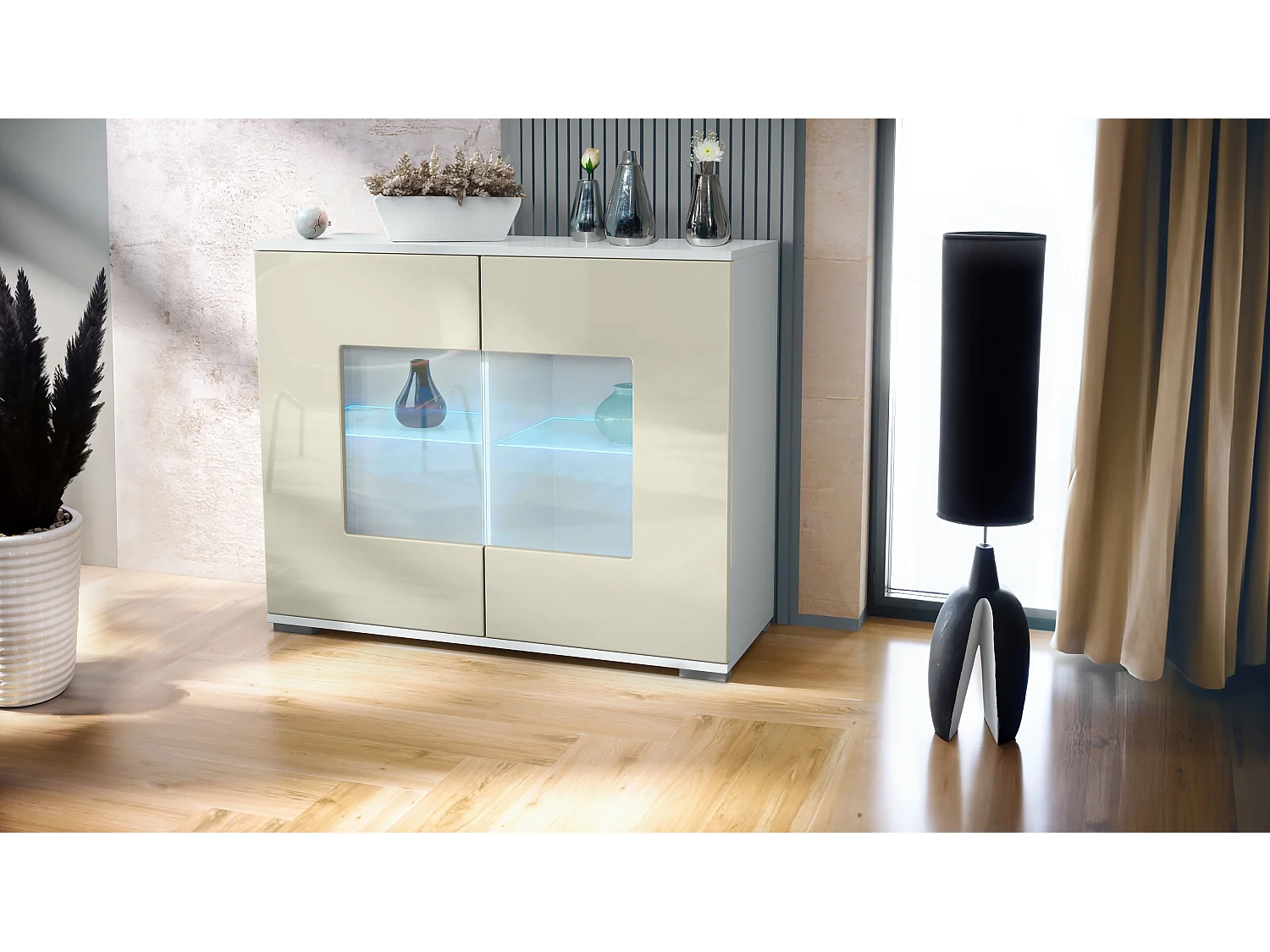 Cassettiera Grömitz V3, Mobile da cucina moderno con 2 grandi ante in vetro incl. illuminazione RGB bianco opaco / beige lucido (92,5 x 75.5 x 35)
