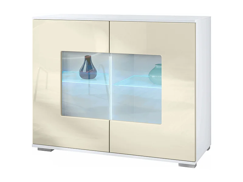 Cassettiera Grömitz V3, Mobile da cucina moderno con 2 grandi ante in vetro incl. illuminazione RGB bianco opaco / beige lucido (92,5 x 75.5 x 35)