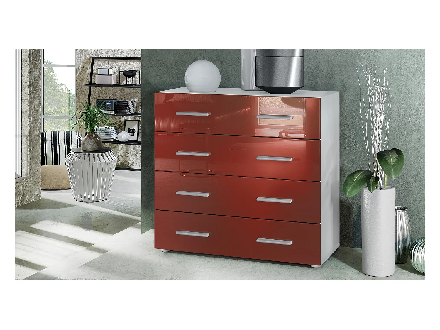 Buffet Pavos, Commode avec 4 tiroirs, blanc mat/bordeaux haute brillance (76 x 72 x 35 cm)