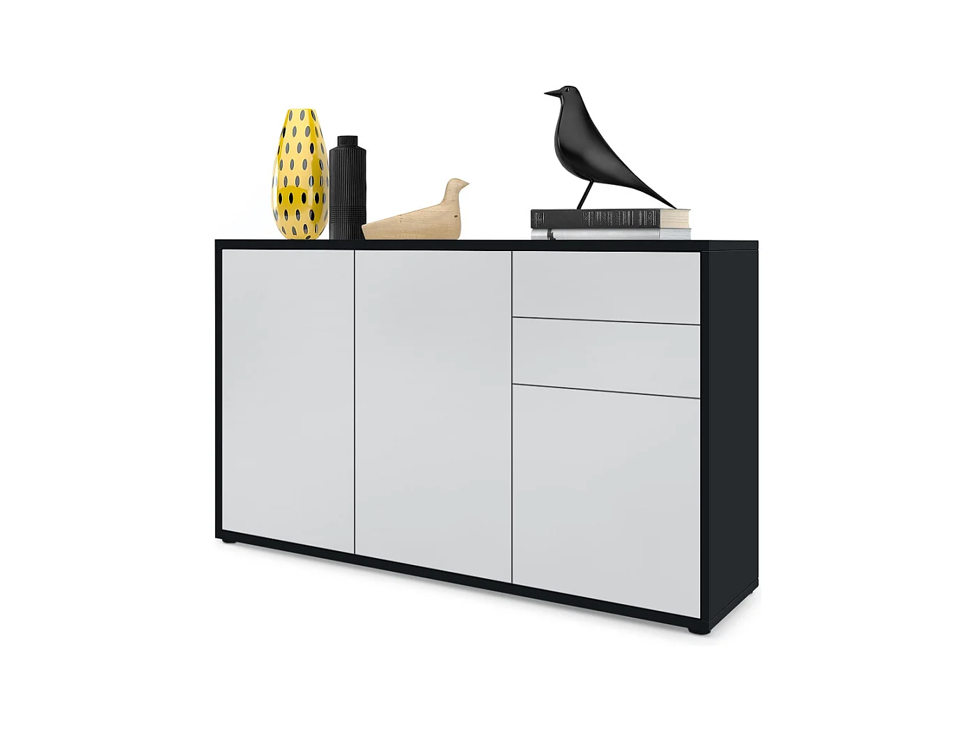Buffet Ben V3, Commode avec 3 portes et 2 tiroirs, Noir mat/Blanc mat (117 x 74 x 36 cm)