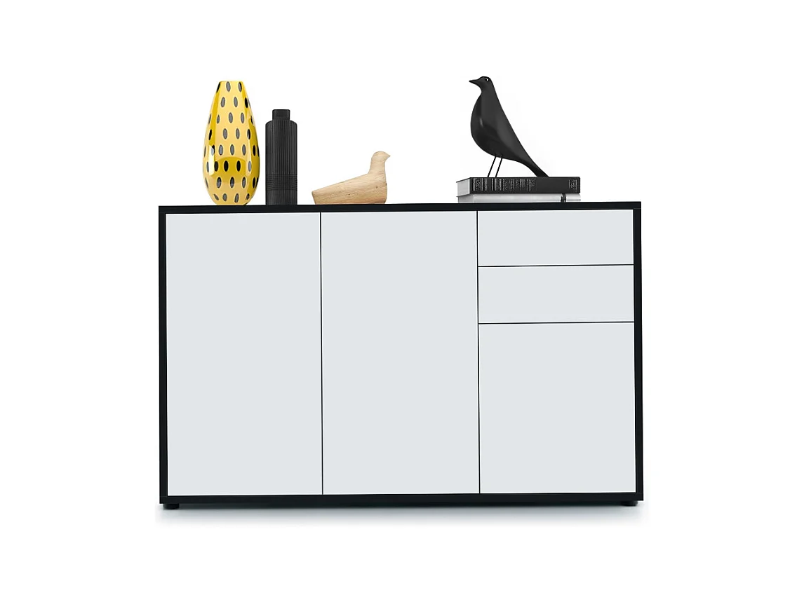Buffet Ben V3, Commode avec 3 portes et 2 tiroirs, Noir mat/Blanc mat (117 x 74 x 36 cm)