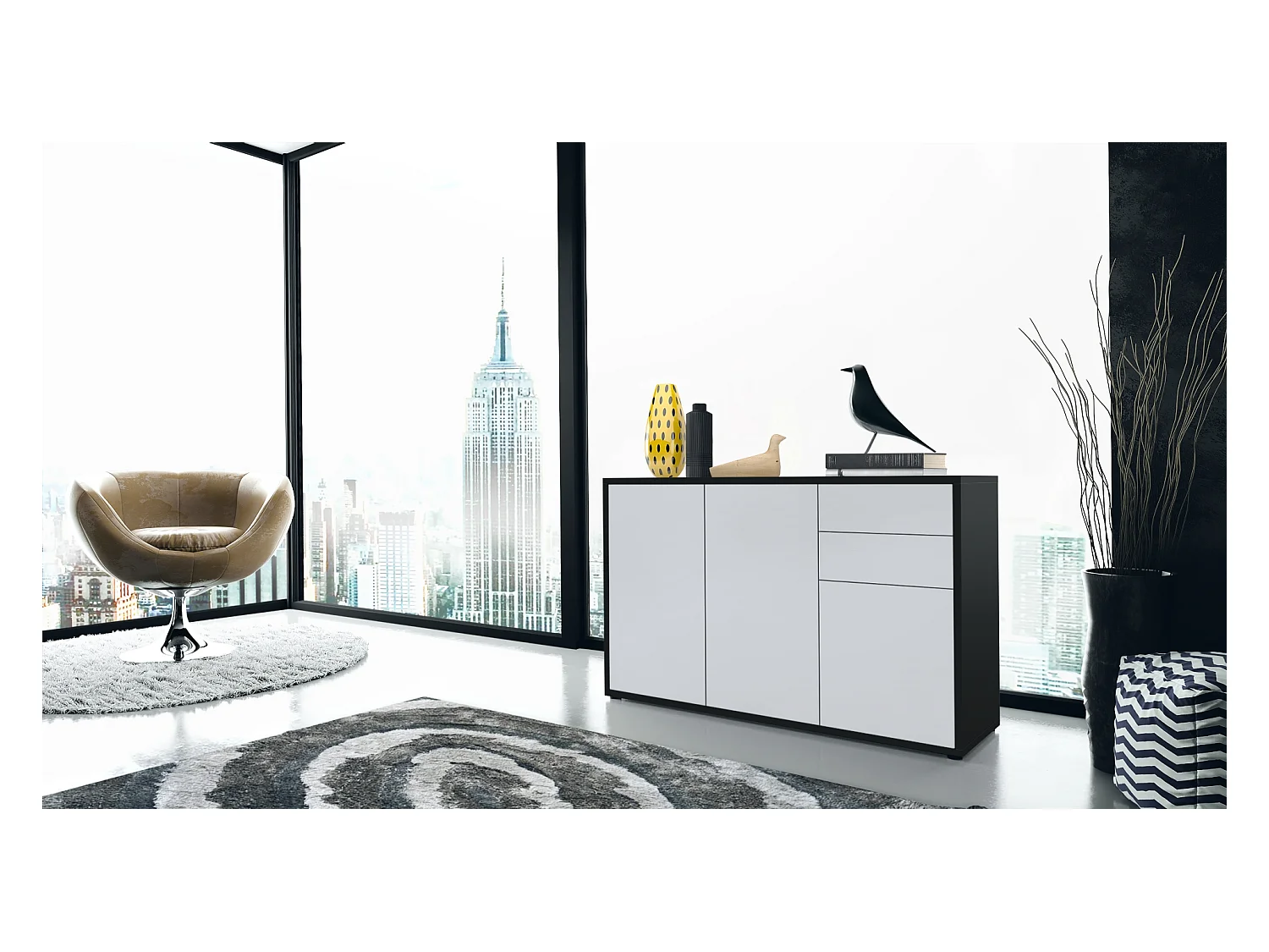 Buffet Ben V3, Commode avec 3 portes et 2 tiroirs, Noir mat/Blanc mat (117 x 74 x 36 cm)