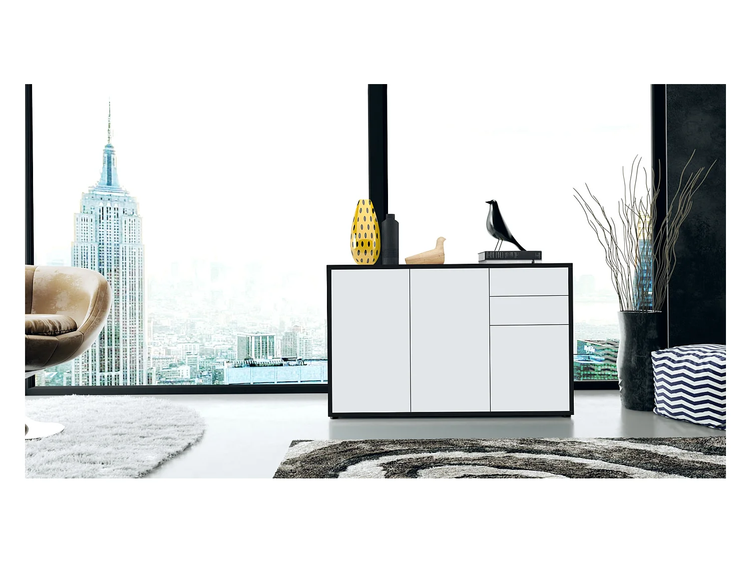 Buffet Ben V3, Commode avec 3 portes et 2 tiroirs, Noir mat/Blanc mat (117 x 74 x 36 cm)