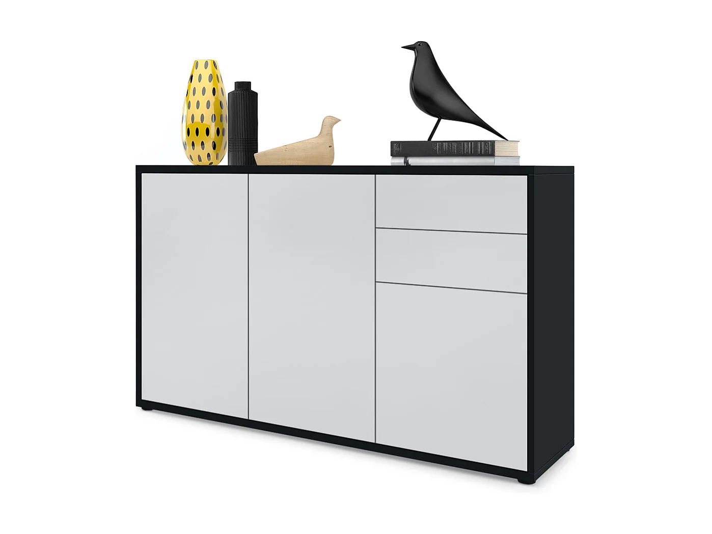 Buffet Ben V3, Commode avec 3 portes et 2 tiroirs, Noir mat/Blanc mat (117 x 74 x 36 cm)